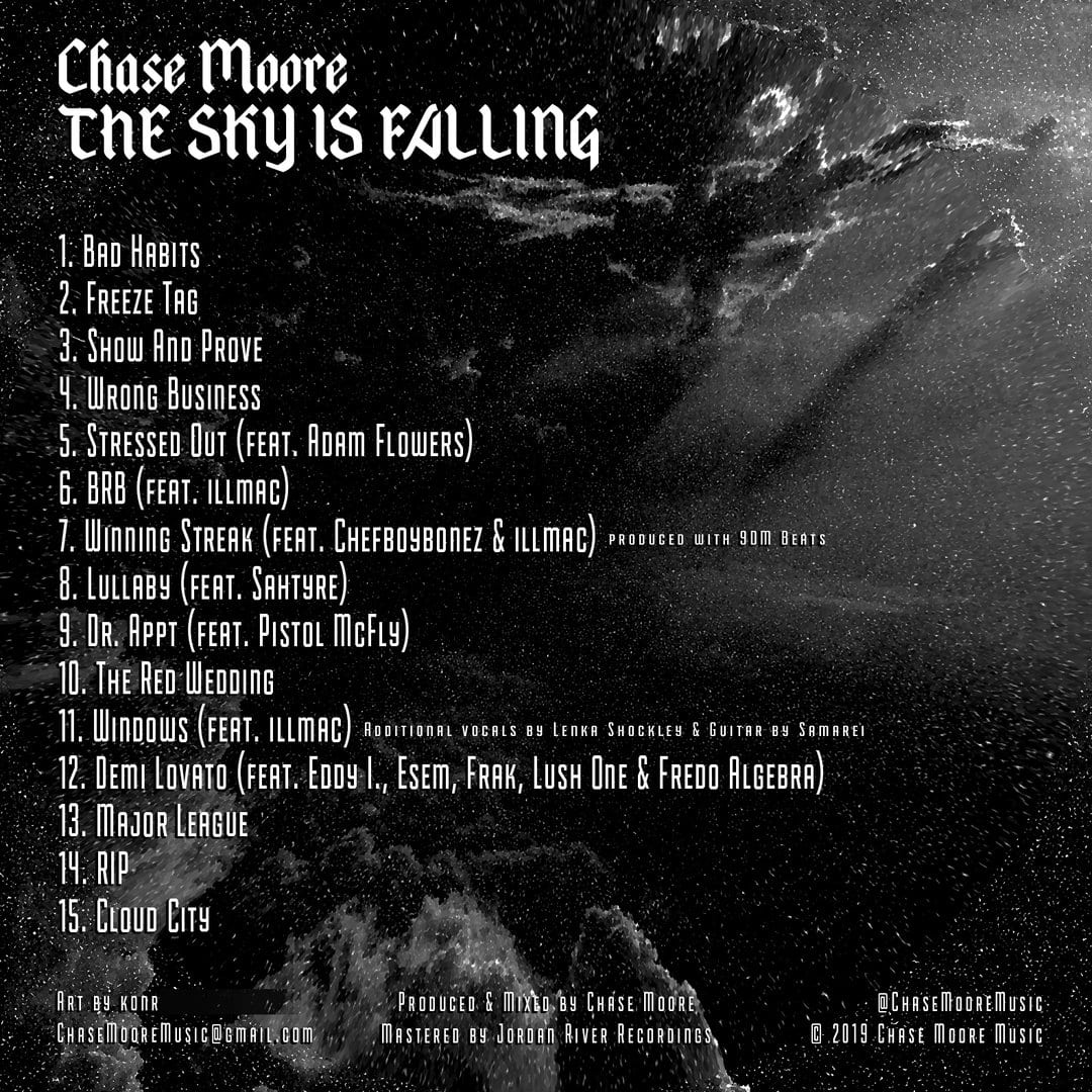 Tracklist design for Chase Moore's album 'THE SKY IS FALLING'